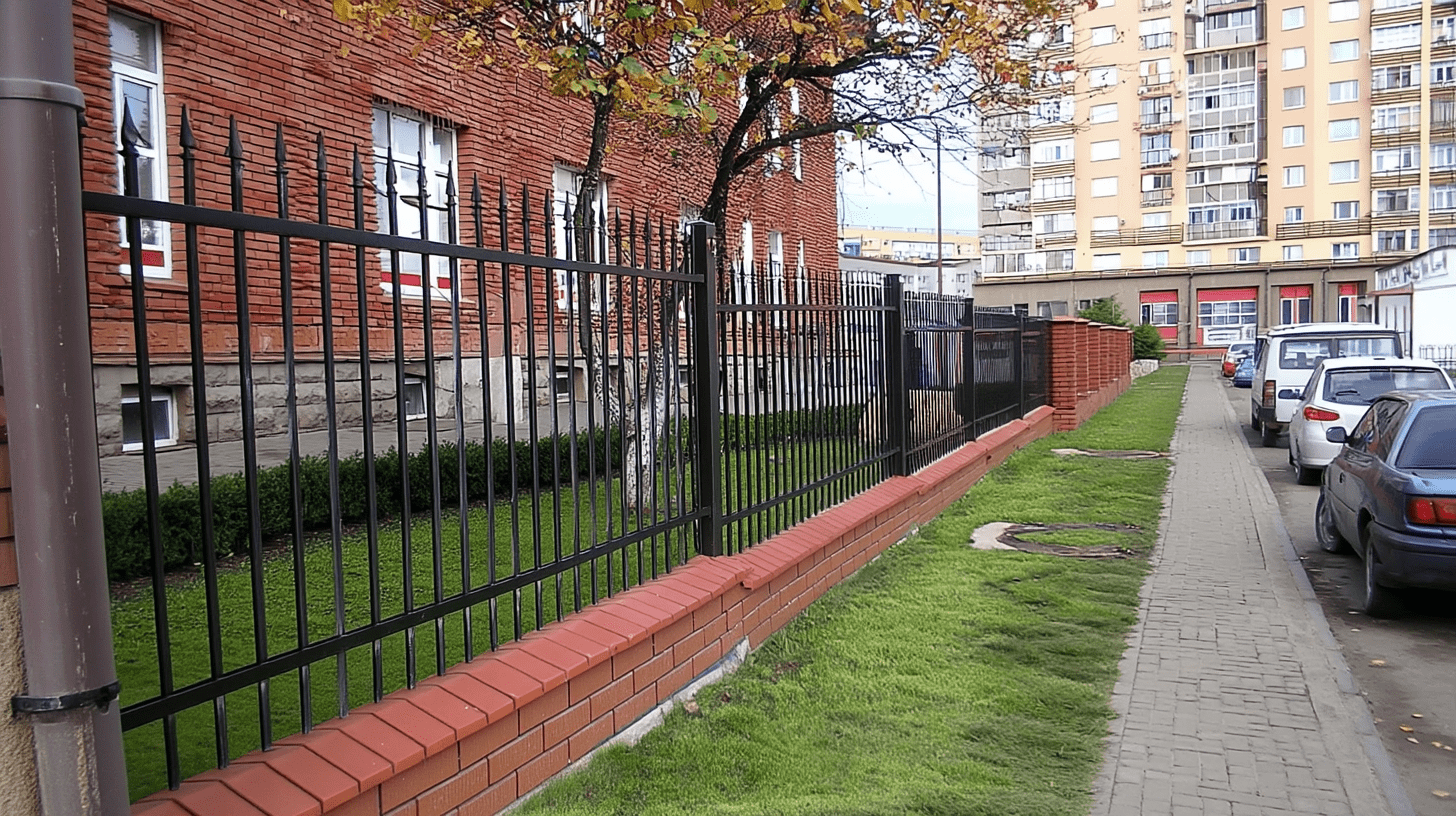 Langläufiger Metallzaun in Wohnsiedlung