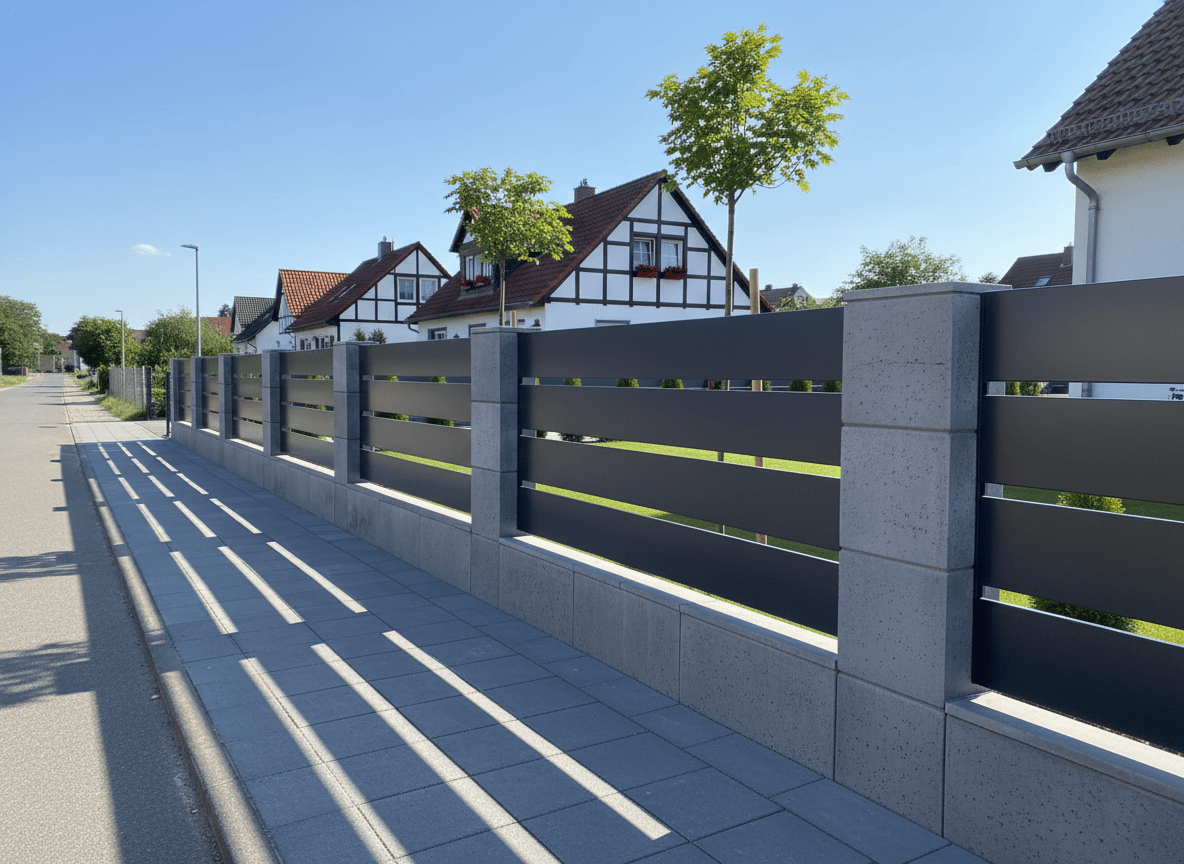 Anthrazitfarbener Aluminiumzaun mit Betonsäulen vor Fachwerkhäusern