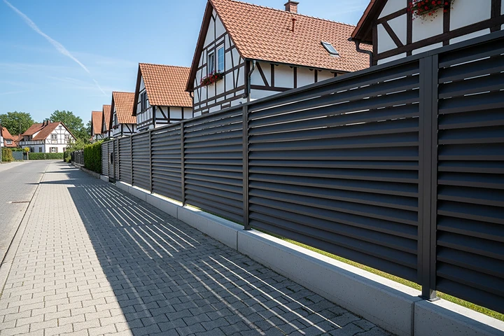 Anthrazitfarbener Aluminiumzaun mit Lamellen vor Fachwerkhäusern