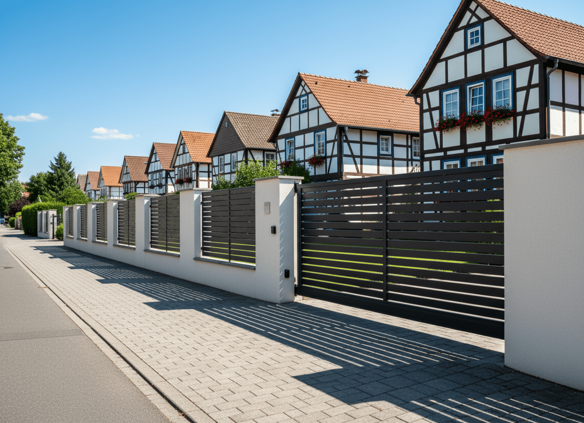 Anthrazitfarbener Lamellenzaun mit weißen Pfeilern vor Fachwerkhäusern