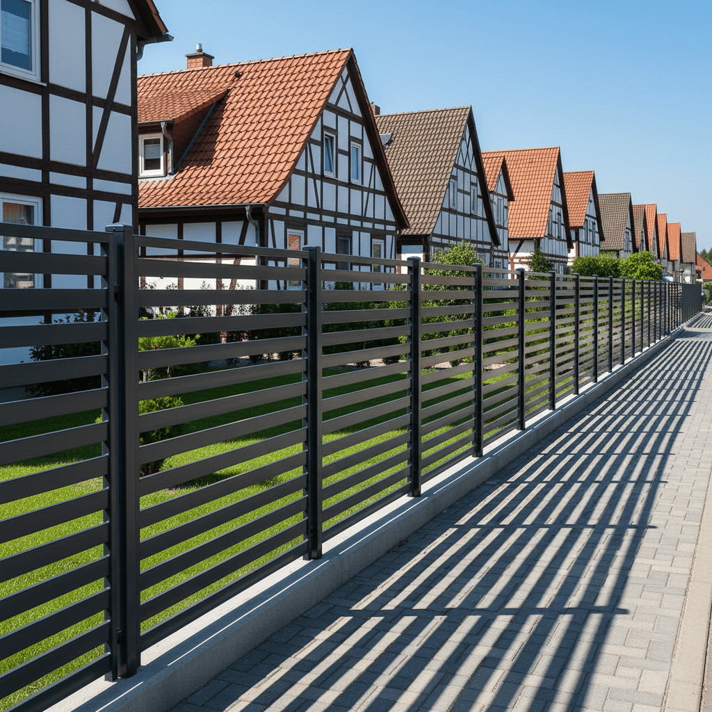 Anthrazitfarbener Metallzaun mit horizontalen Lamellen vor Fachwerkhäusern