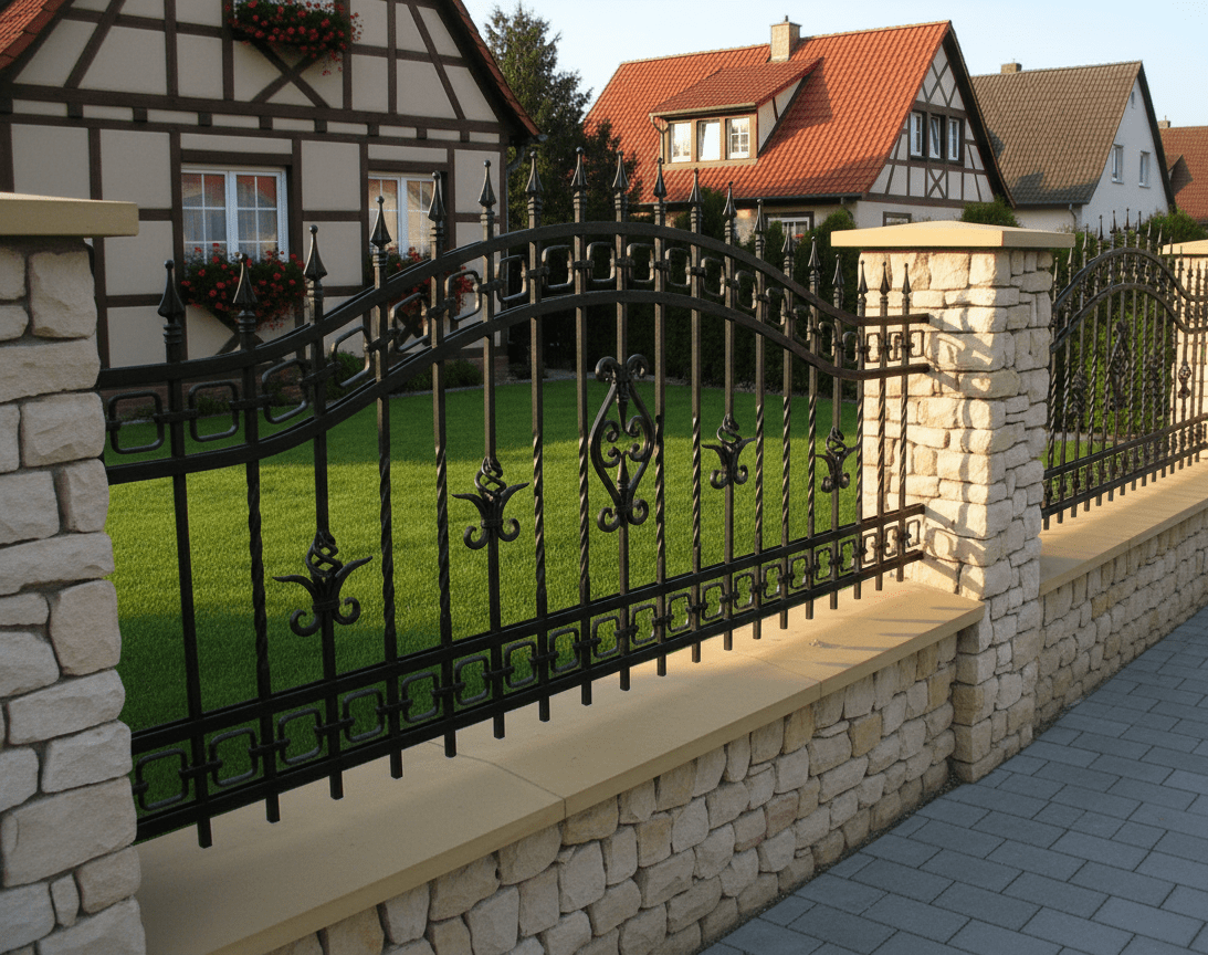 Dekorativer schmiedeeiserner Zaun mit Natursteinmauer