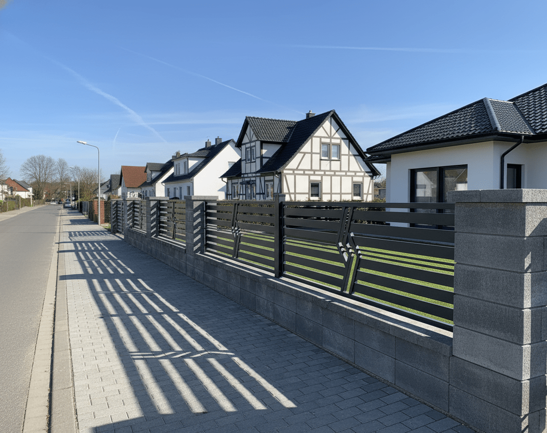 Design-Aluminiumzaun Anthrazit mit dekorativen Elementen und Betonsäulen