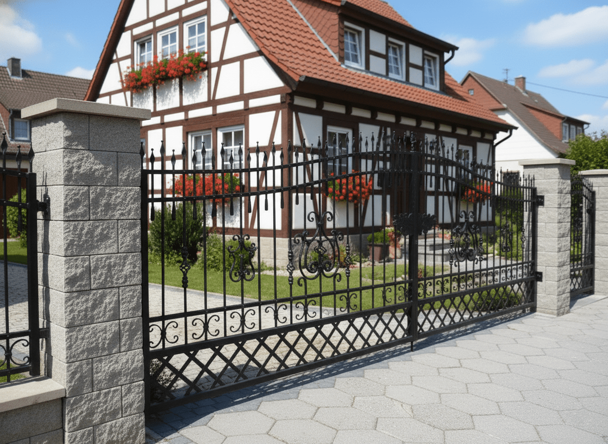 Detail geschmiedetes Tor mit Steinsäulen vor Fachwerkhaus