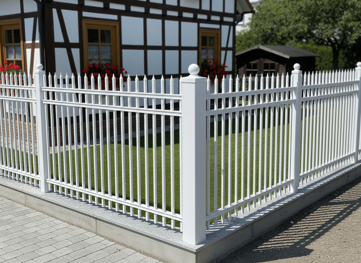Detail weißer Metallzaun vor Fachwerkhaus