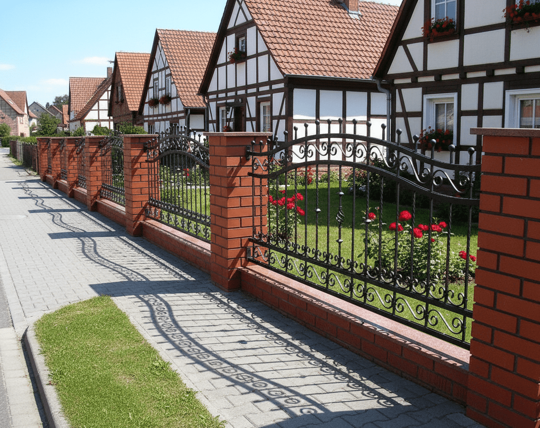 Geschmiedeter Eisenzaun mit Backsteinpfeilern und Rosen vor Fachwerkhäusern