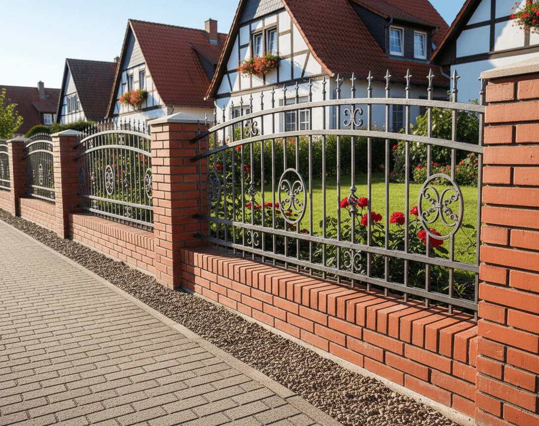 Geschmiedeter Eisenzaun mit Backsteinpfeilern und Rosenbeet