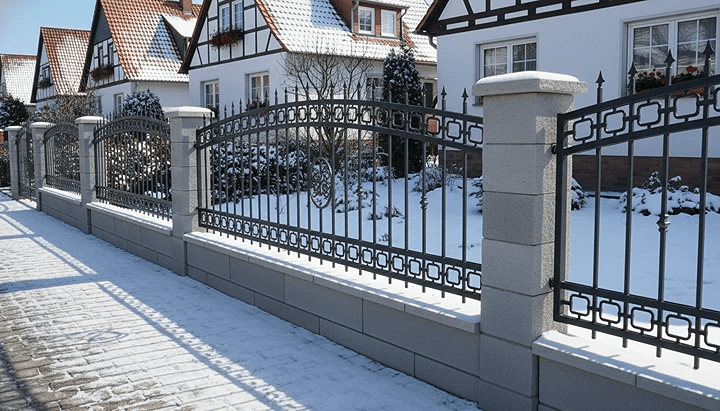 Geschmiedeter Eisenzaun mit Granitpfeilern im Winter