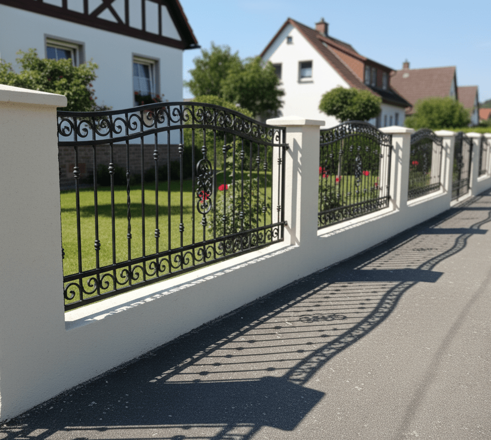 Geschmiedeter Eisenzaun mit weißen Pfeilern und Gartenansicht