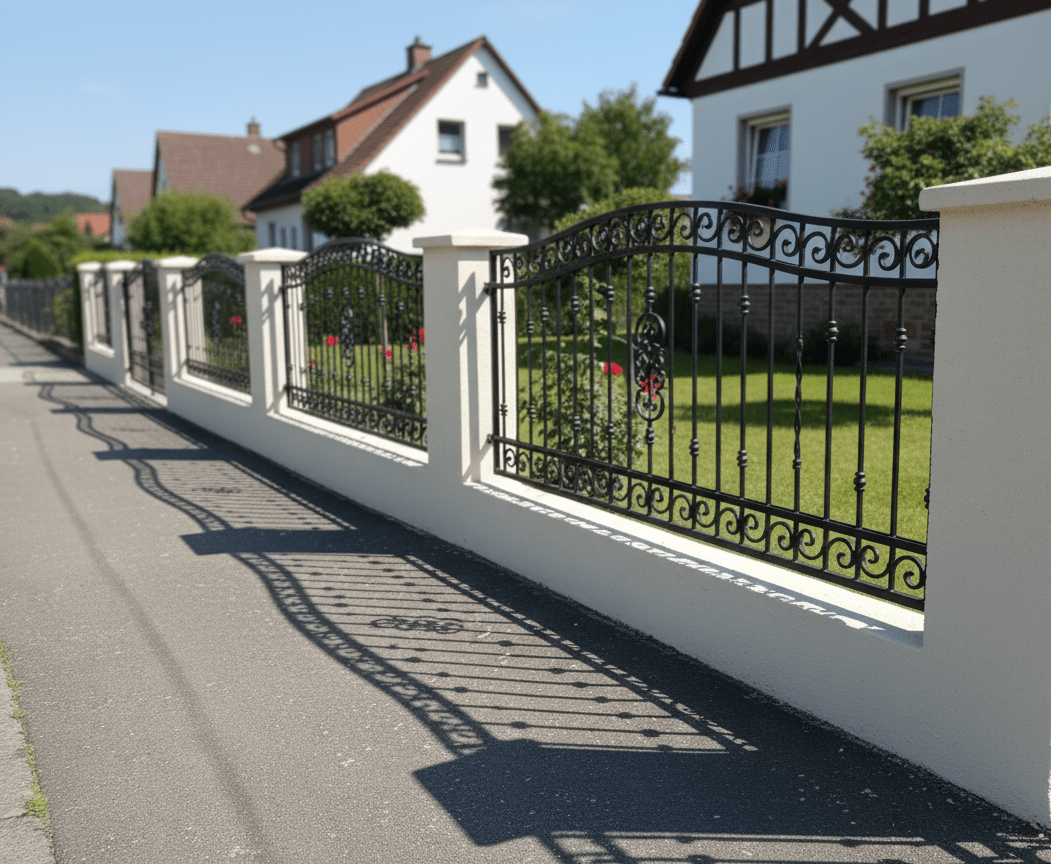 Geschmiedeter Eisenzaun mit weißen Pfeilern und Zierelementen