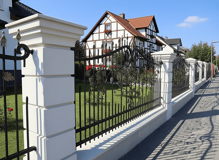 Geschmiedeter Eisenzaun mit weißen Säulen und Rosengarten vor Fachwerkhaus