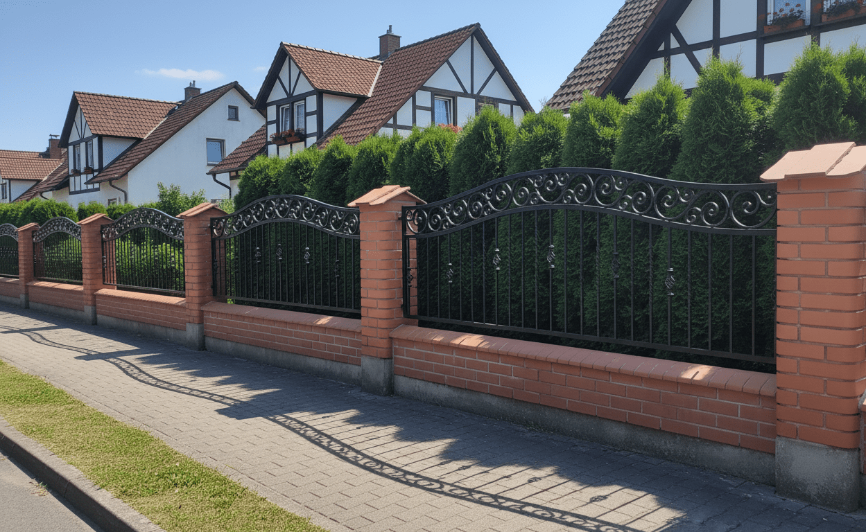 Geschmiedeter Gartenzaun mit Backsteinpfeilern und Tujas-Hecke