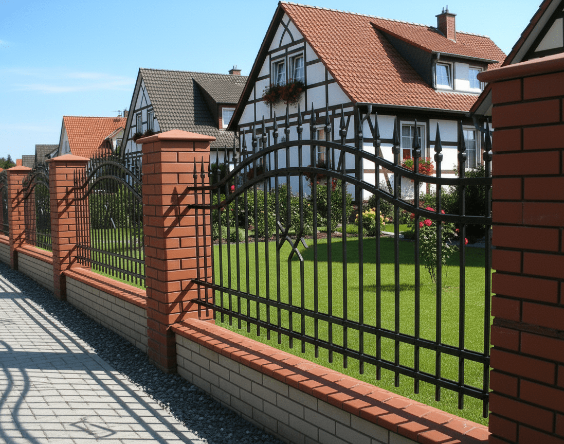Geschmiedeter Metallzaun mit roten Ziegelpfeilern