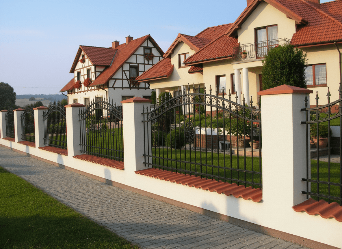 Geschmiedeter Metallzaun mit weißen Pfeilern