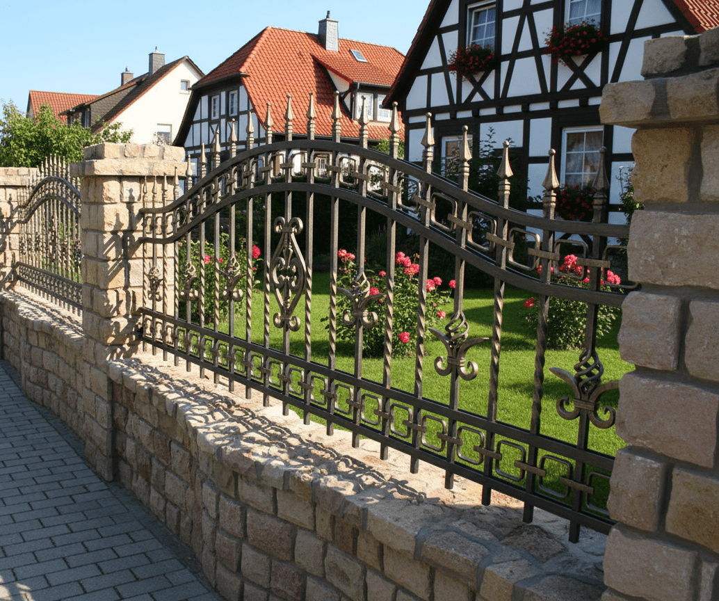 Geschmiedeter Steinzaun mit dekorativen Metallmustern