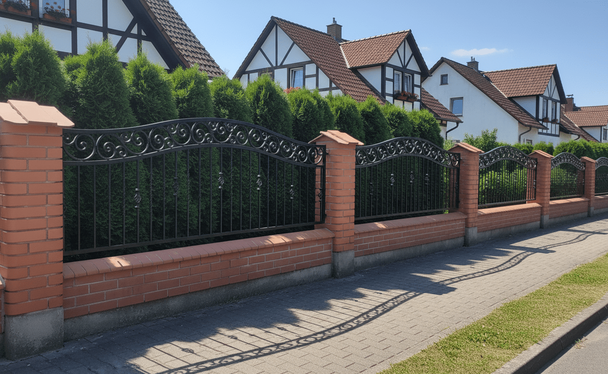Geschmiedeter Zaun aus Eisen mit Backsteinpfeilern und Tujahecke