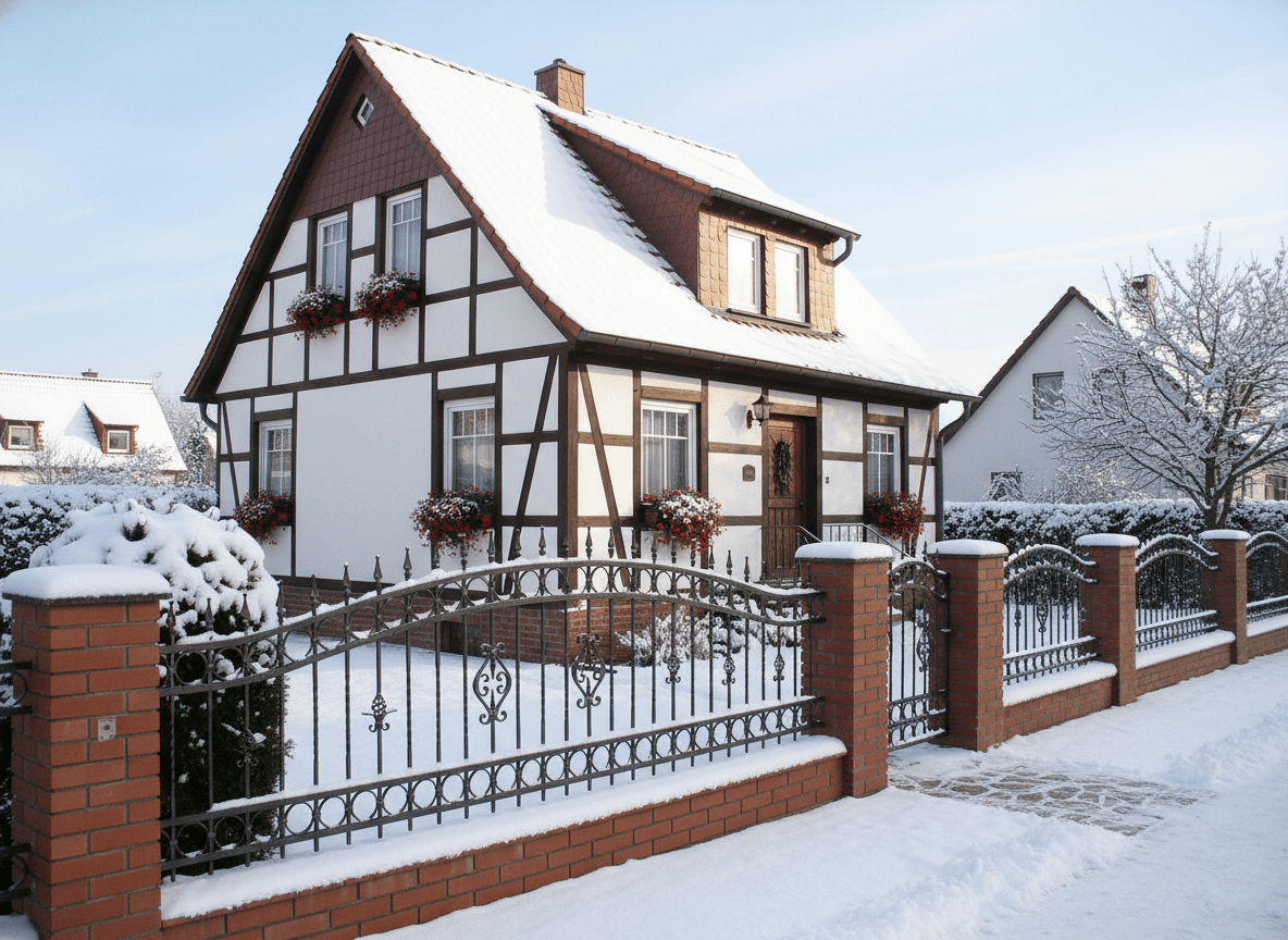 Geschmiedeter Zaun im Winter vor Fachwerkhaus mit rotem Dach
