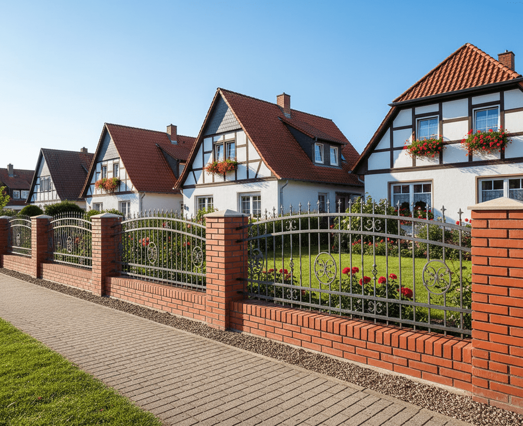 Geschmiedeter Zaun mit Backsteinmauer und Einfamilienhäusern