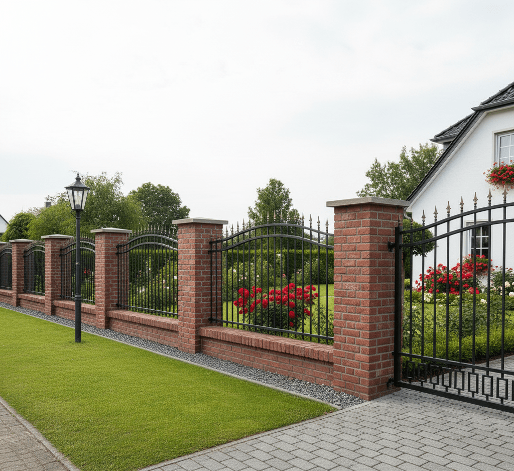 Geschmiedeter Zaun mit Backsteinpfeilern und Garten