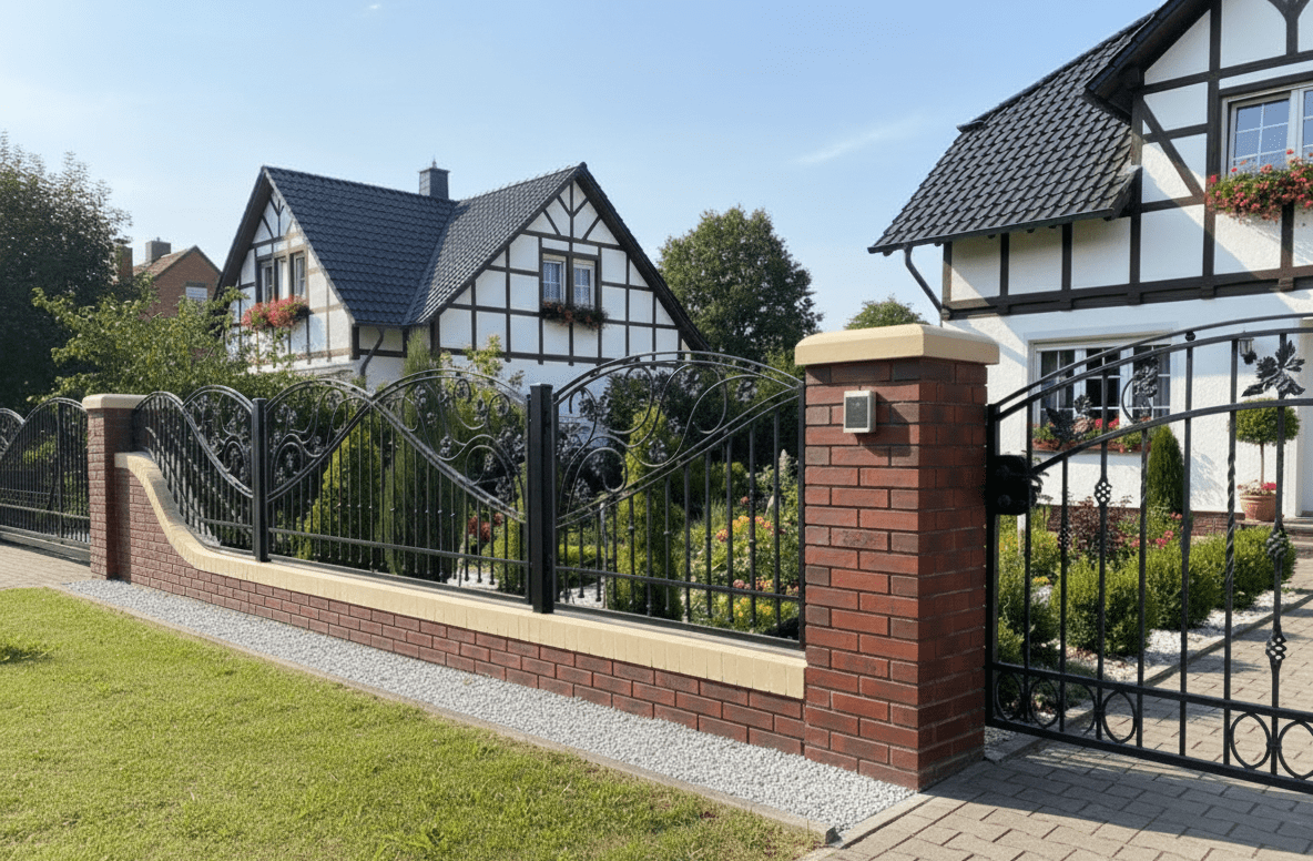 Geschmiedeter Zaun vor traditionellem Fachwerkhaus