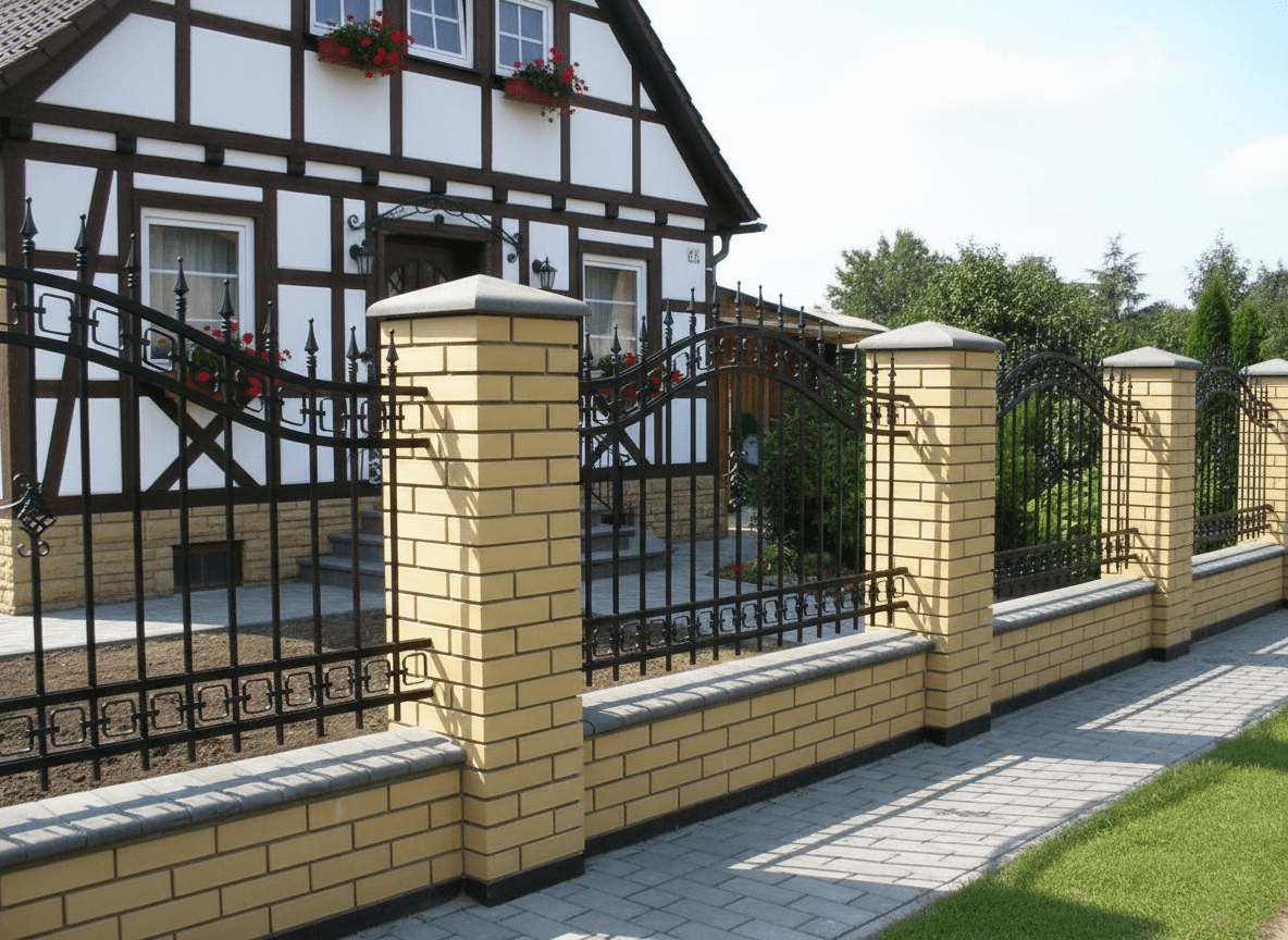 Geschmiedeter Zaun mit gelben Ziegelpfeilern