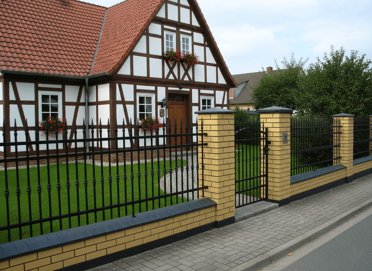 Geschmiedeter Zaun mit gelben Ziegelsäulen vor Fachwerkhaus - Detailansicht
