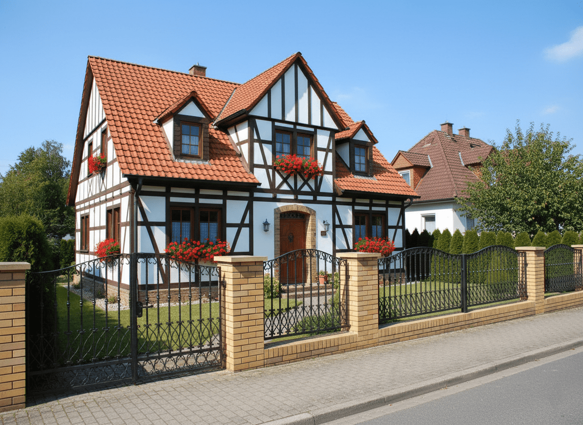 Geschmiedeter Zaun mit hellen Steinsäulen und Fachwerkhaus