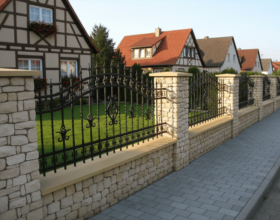 Geschmiedeter Zaun mit Natursteinpfeilern vor Fachwerkhaus