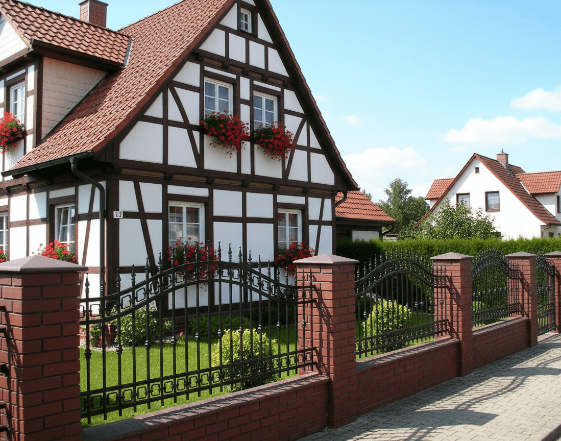 Geschmiedeter Zaun mit roten Backsteinpfeilern vor Fachwerkhaus