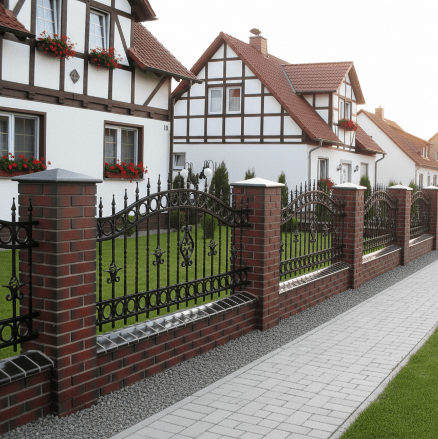 Langläufiger Zaun vor Fachwerkhaus-Ensemble