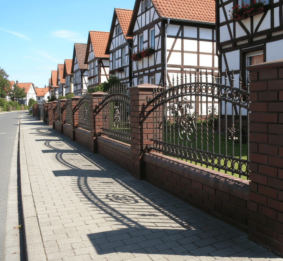 Geschmiedeter Zaun mit roten Ziegelsäulen und dekorativen Ornamenten vor Fachwerkhäusern