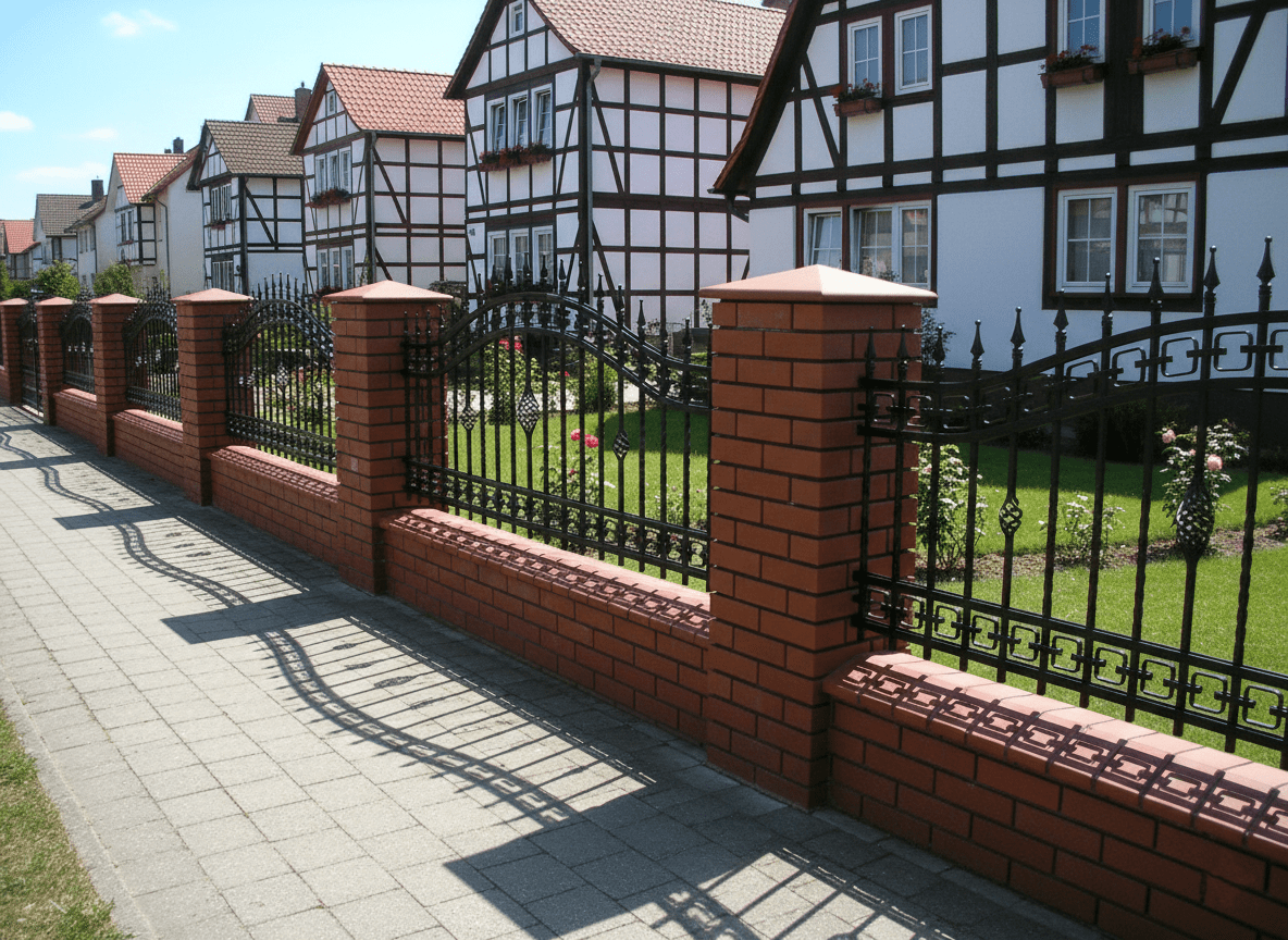 Geschmiedeter Zaun mit roten Ziegelsäulen vor Fachwerkhäusern