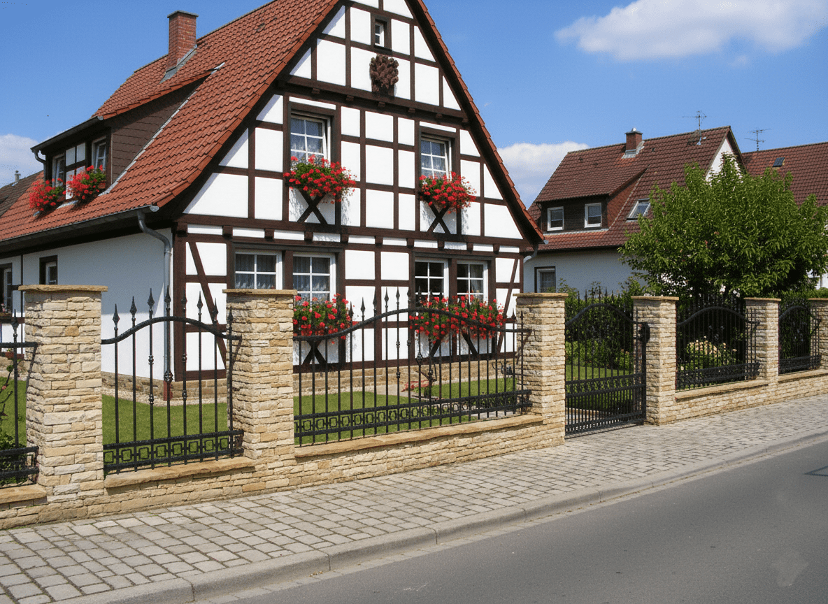 Geschmiedeter Zaun mit Sandsteinpfeilern vor Fachwerkhaus