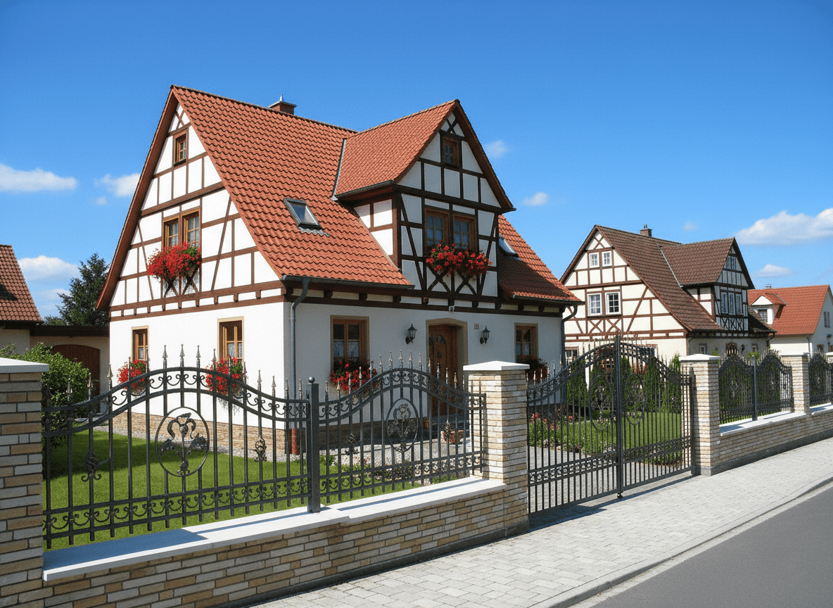 Geschmiedeter Zaun mit Steinsäulen und Fachwerkhaus