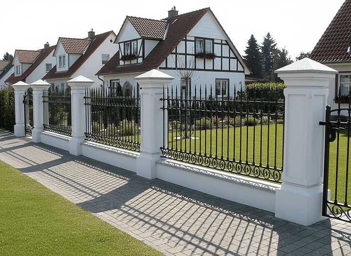 Geschmiedeter Zaun mit weißen Pfeilern vor Fachwerkhäusern
