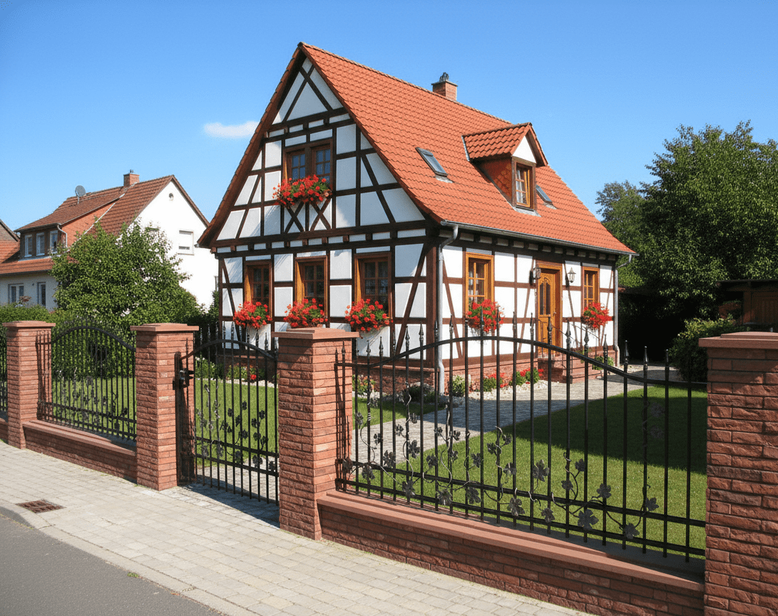 Geschmiedeter Zaun mit Ziegelsäulen und Fachwerkhaus