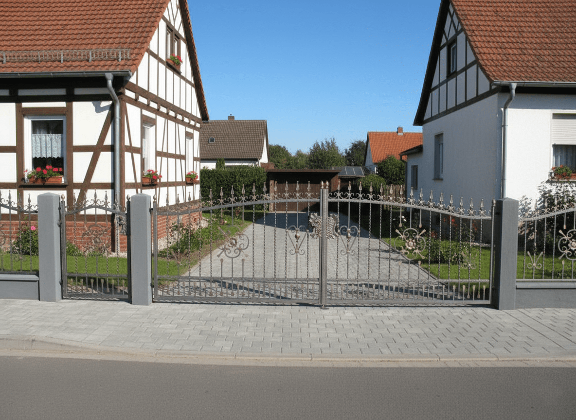 Geschmiedetes Eisentor mit grauen Pfeilern vor Fachwerkhäusern