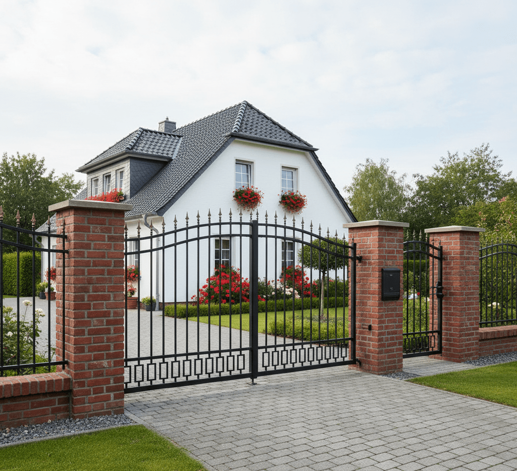 Geschmiedetes Tor mit geometrischen Ornamenten