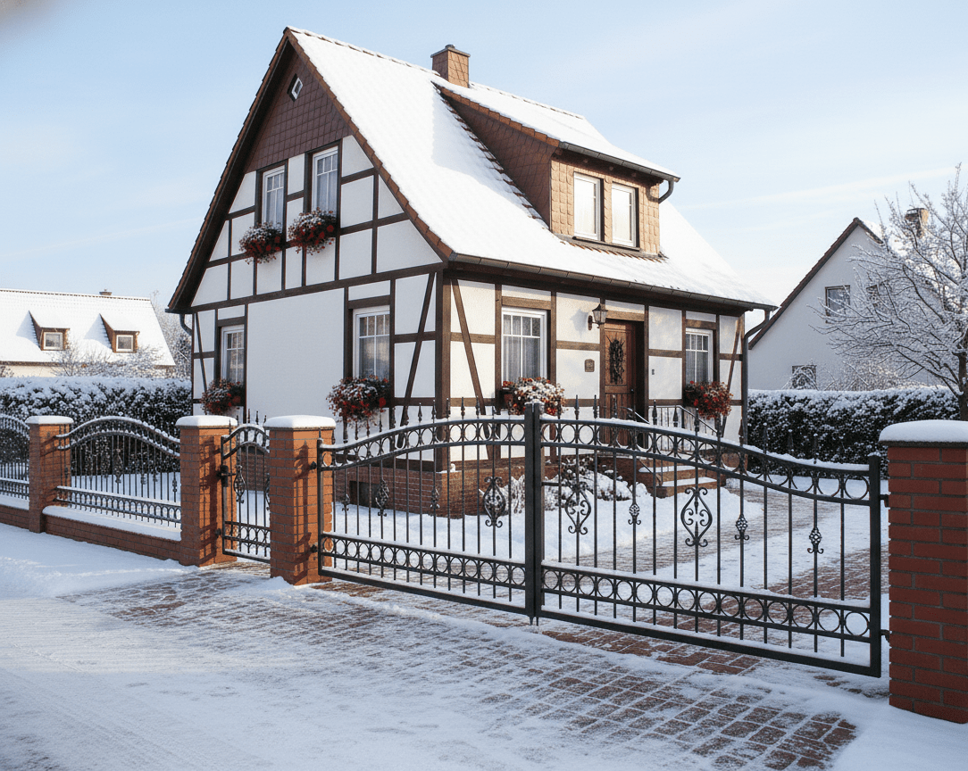 Geschmiedetes Tor und Zaun im Winter vor Fachwerkhaus