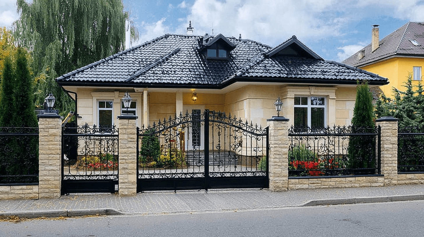 Geschmiedetes Tor und Zaun mit Steinpfeilern
