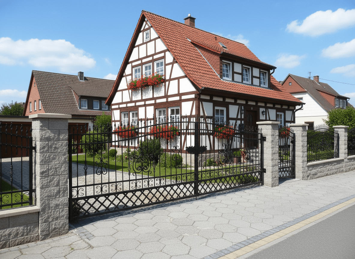 Geschmiedetes Tor und Zaun mit Steinsäulen vor Fachwerkhaus