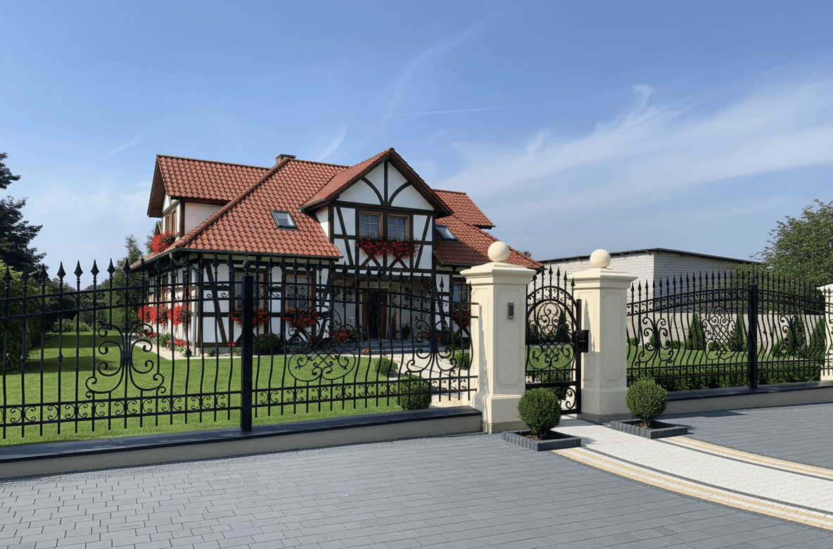 Geschmiedetes Tor und Zaun vor Fachwerkhaus