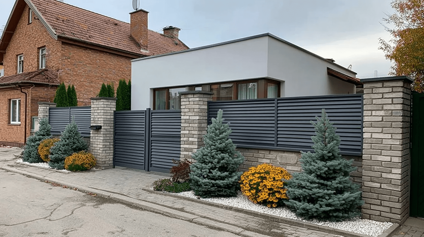 Grauer Aluminiumzaun mit Lamellen