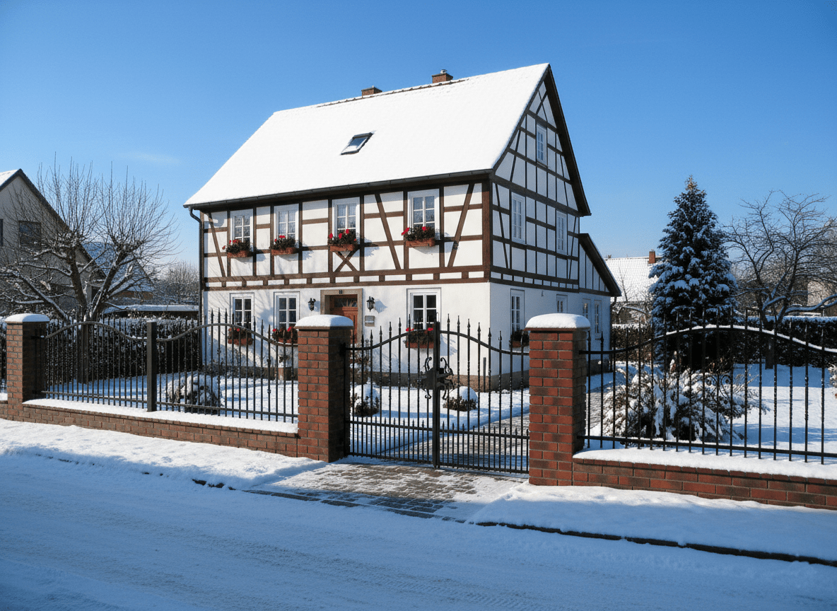Haus mit geschmiedetem Zaun im Winter