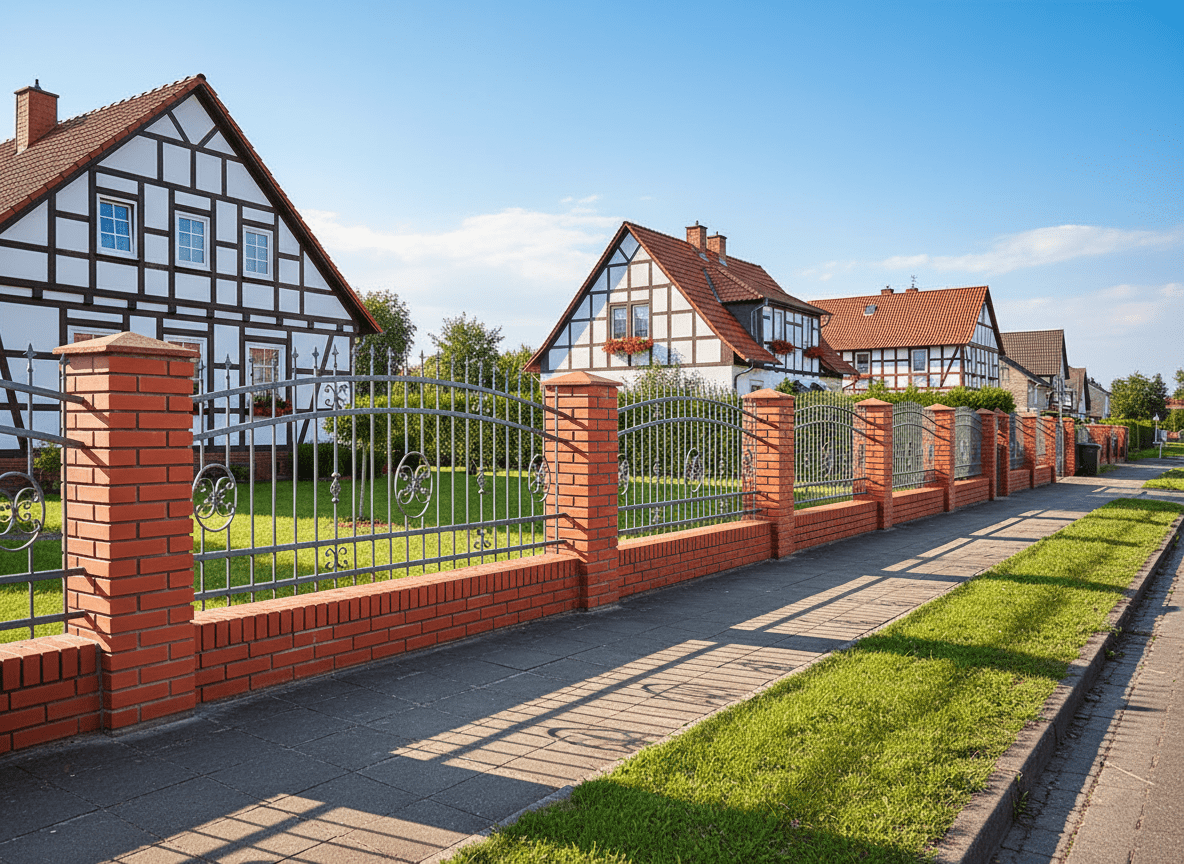 Hellgrauer schmiedeeiserner Zaun mit roten Backsteinpfeilern