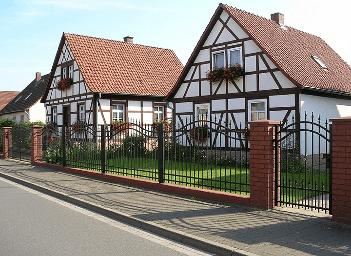 Klassischer schmiedeeiserner Zaun mit Backsteinpfeilern