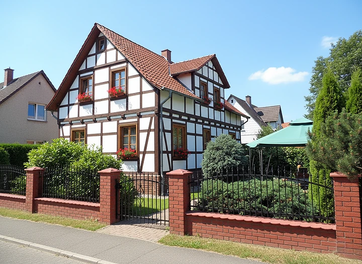 Klassischer Zaun aus Schmiedeeisen vor Fachwerkhaus