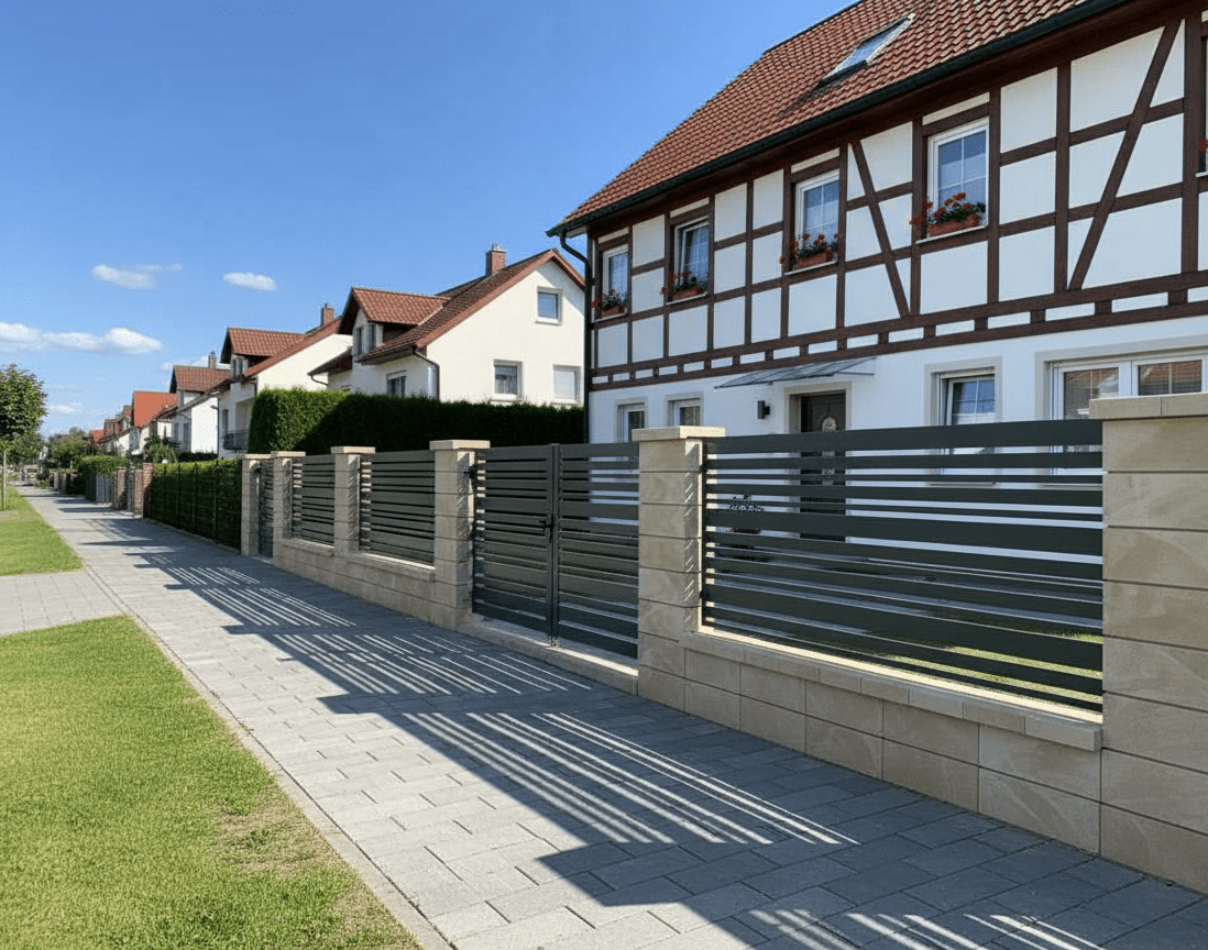 Lamellenzaun mit Sandsteinpfeilern vor Fachwerkhaus