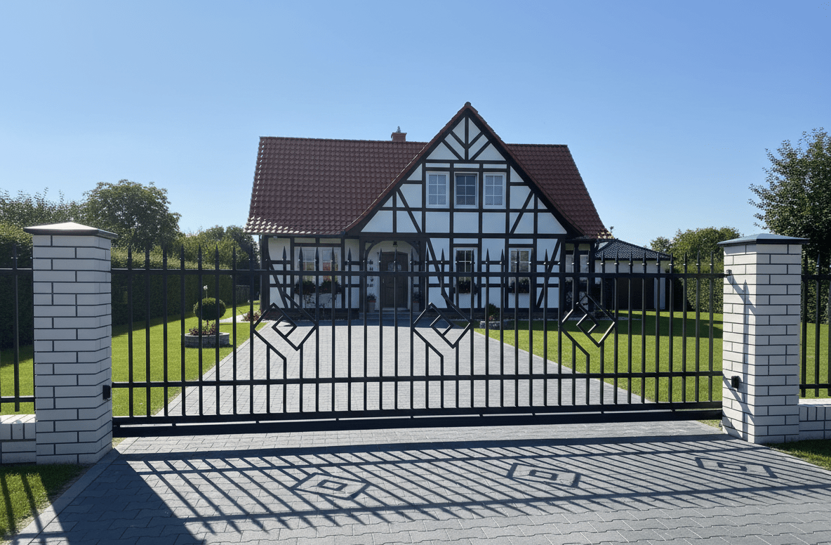 Moderne Einfahrtstor an Fachwerkhaus mit weißen Pfeilern