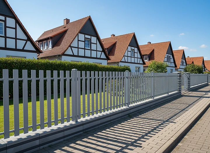 Moderne Gartenzäune aus Aluminium in Hellgrau vor Fachwerkhäusern